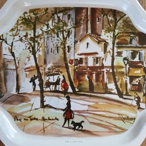 Six Vintage Puillery Parisian Scene Metal Snack Trays Trinket Trays